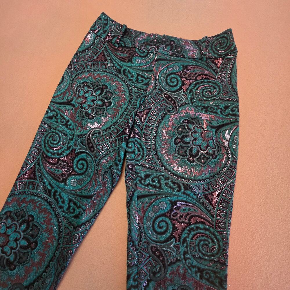 Alice + Olivia Stacey Slim Ankle Pants Green Paisley Metallic Jacquard Sz 10